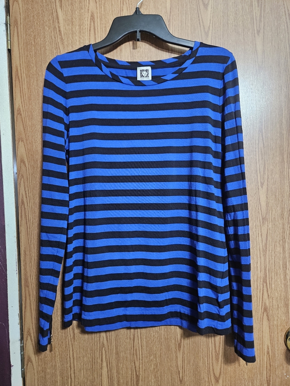 Anne Klein Womens Blouse Medium Blue striped pullover stretch zip Sleeves!